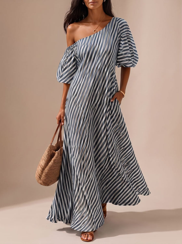 Charlotte | Women's Boho One-Shoulder Striped Flowy Maxi Dress