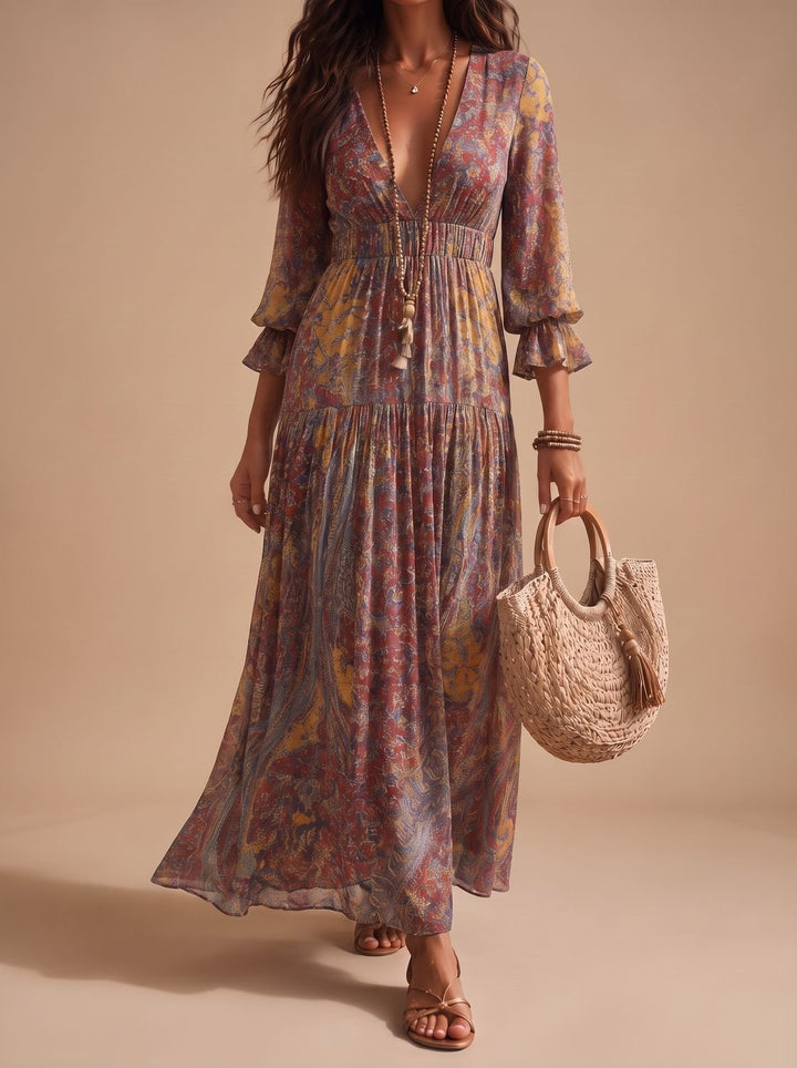 Harper | Women's Boho Paisley Flowy Long-Sleeve Maxi Dress