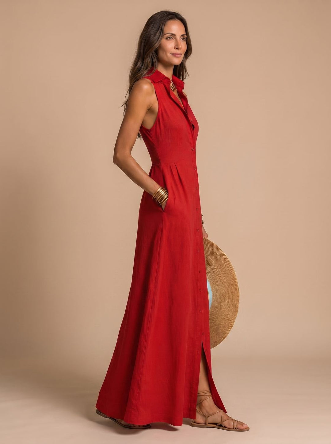 Madison | Women's Boho Sleeveless Button-Down Linen Maxi Beach Dress