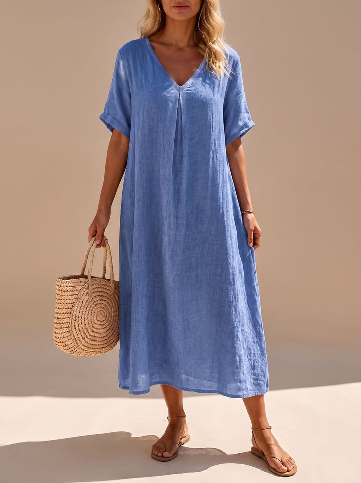Harper | Women's Boho V-Neck Short-Sleeve Flowy Linen Maxi Dress