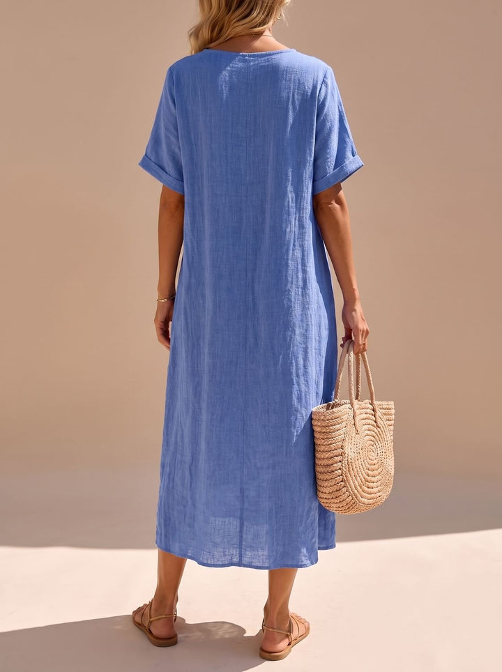 Harper | Women's Boho V-Neck Short-Sleeve Flowy Linen Maxi Dress