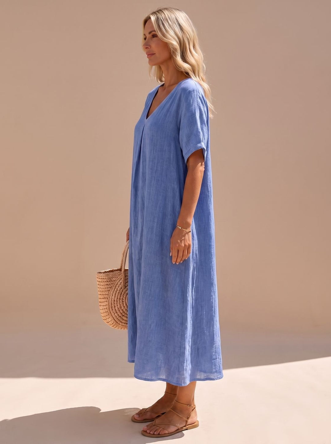Harper | Women's Boho V-Neck Short-Sleeve Flowy Linen Maxi Dress