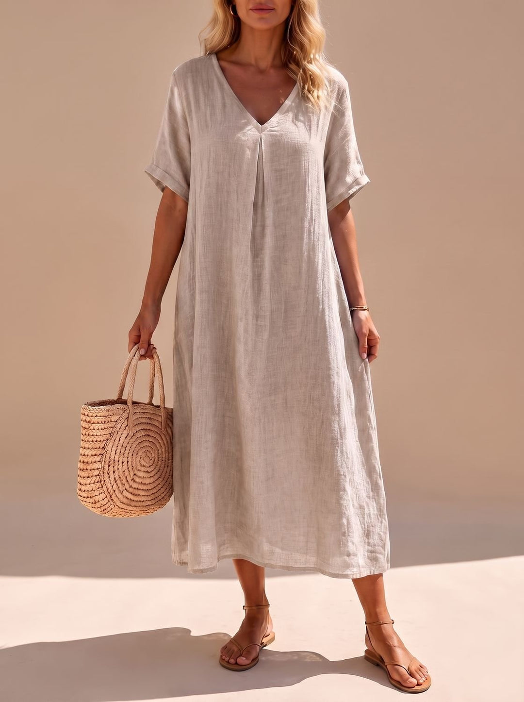 Harper | Women's Boho V-Neck Short-Sleeve Flowy Linen Maxi Dress