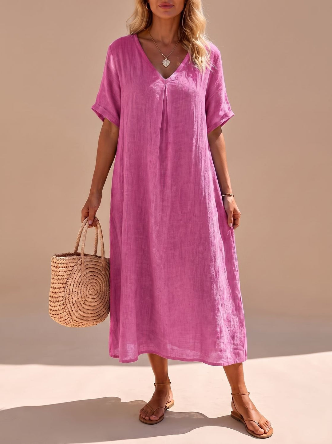 Harper | Women's Boho V-Neck Short-Sleeve Flowy Linen Maxi Dress