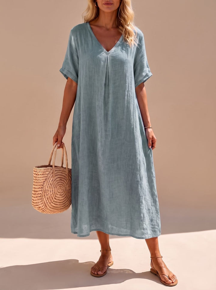 Harper | Women's Boho V-Neck Short-Sleeve Flowy Linen Maxi Dress