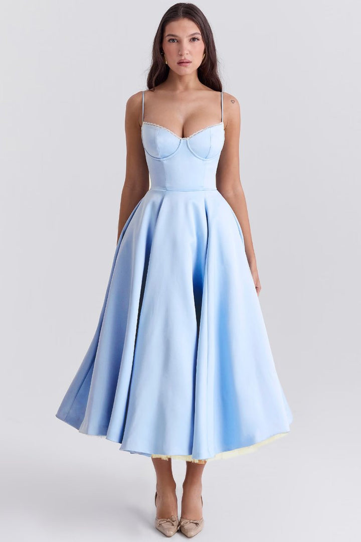 Harper | Women's Bustier Midi Satin Flared Cocktail Party Dress