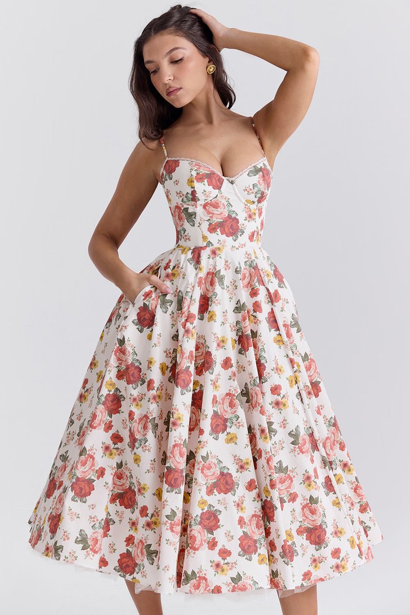 Harper | Women's Bustier Midi Satin Flared Cocktail Party Dress