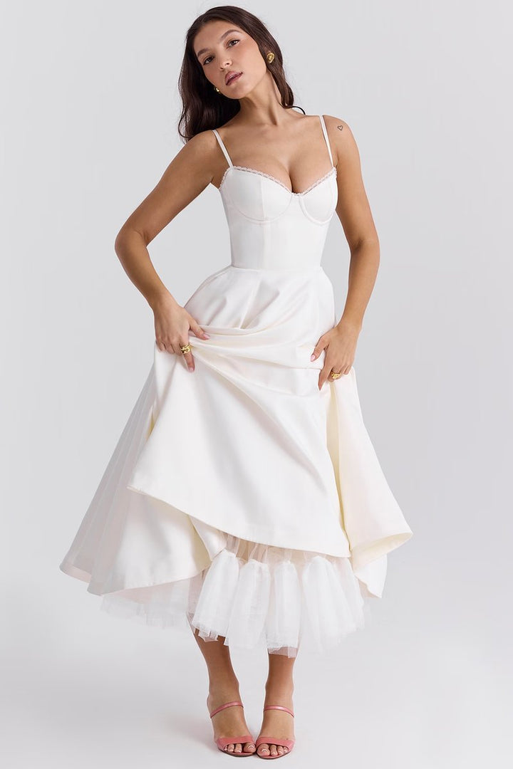 Harper | Women's Bustier Midi Satin Flared Cocktail Party Dress