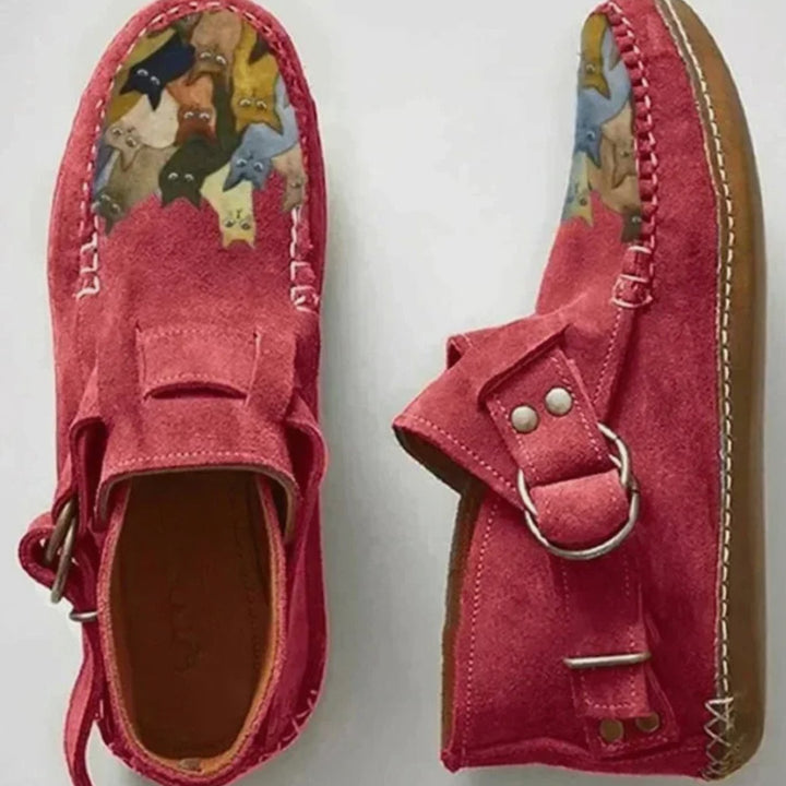 Mia | Women's Cat Print Suede Buckle Slip-On Shoes