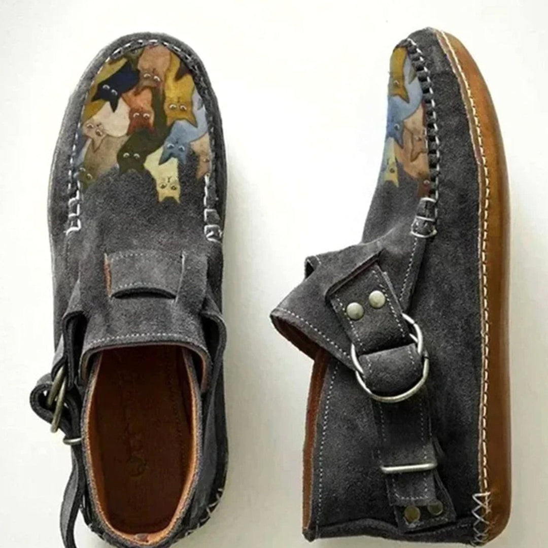 Mia | Women's Cat Print Suede Buckle Slip-On Shoes