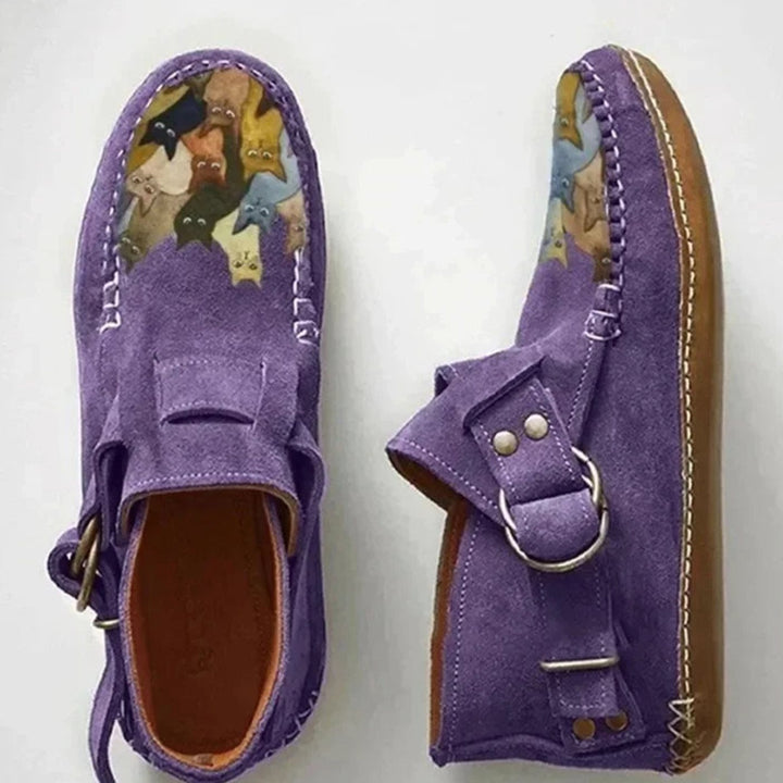 Mia | Women's Cat Print Suede Buckle Slip-On Shoes