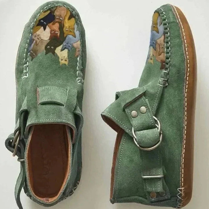 Mia | Women's Cat Print Suede Buckle Slip-On Shoes