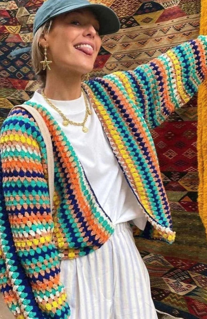 Emma | Women's Chunky Knit Cardigan Rainbow Striped Open-Front Sweater