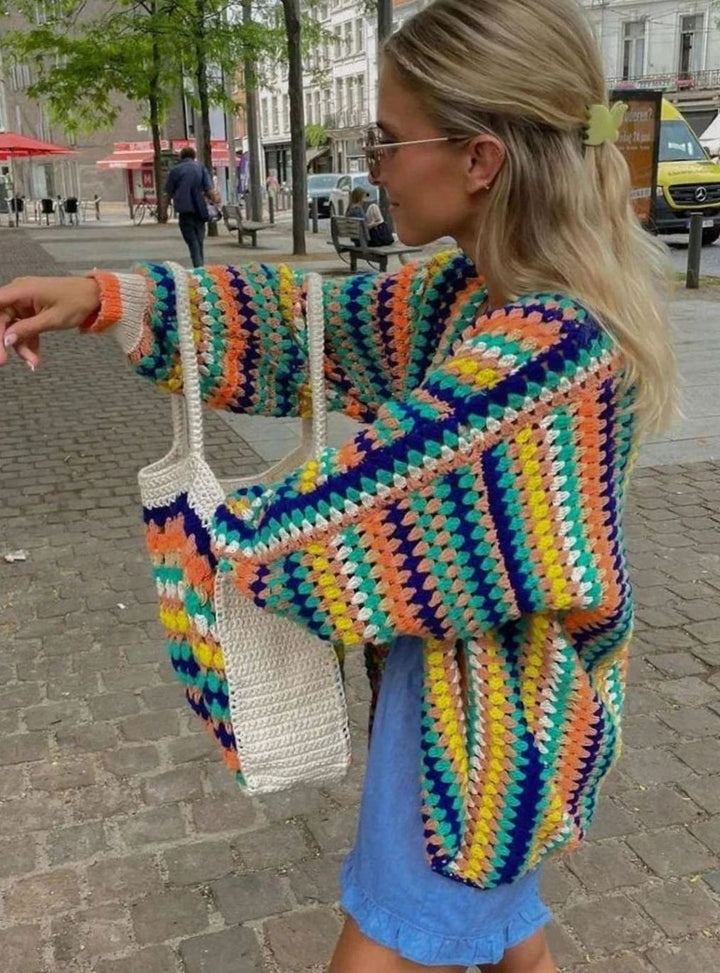 Emma | Women's Chunky Knit Cardigan Rainbow Striped Open-Front Sweater
