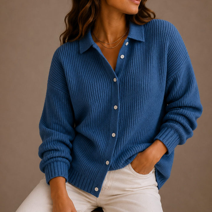 Penelope | Women's Collared Button-Up Ribbed Knit Cardigan Relaxed Fit
