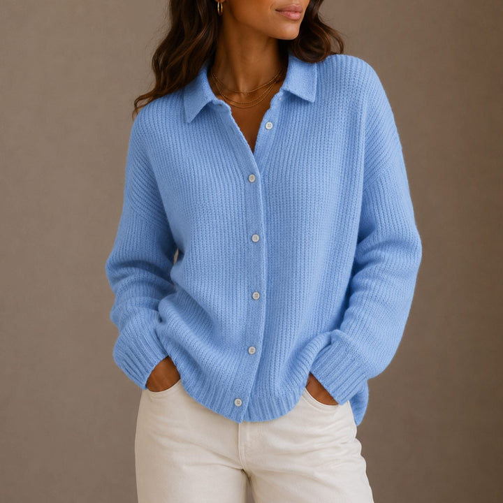 Penelope | Women's Collared Button-Up Ribbed Knit Cardigan Relaxed Fit