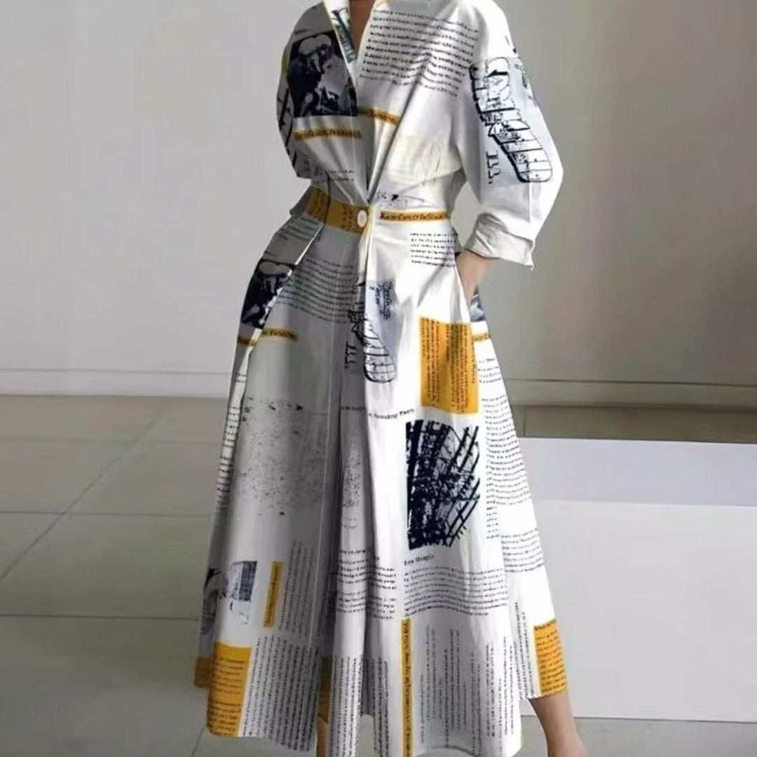 Luna | Women's Collared Maxi Shirt Dress Newspaper Print Wrap Front