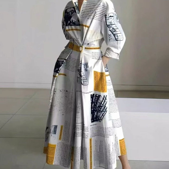Luna | Women's Collared Maxi Shirt Dress Newspaper Print Wrap Front