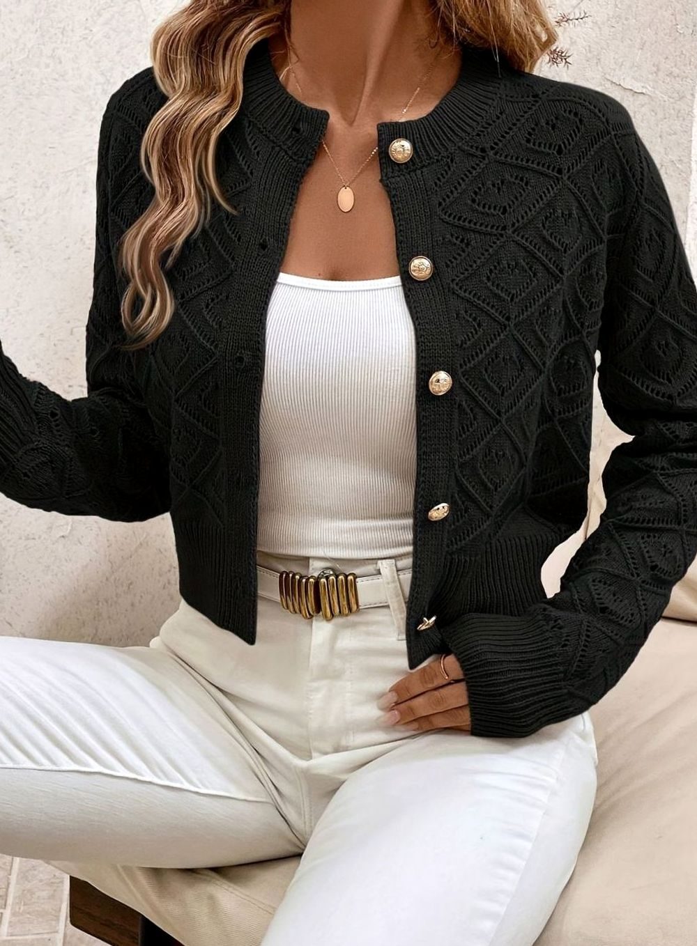 Olivia | Women's Cropped Diamond-Knit Button-Front Cardigan