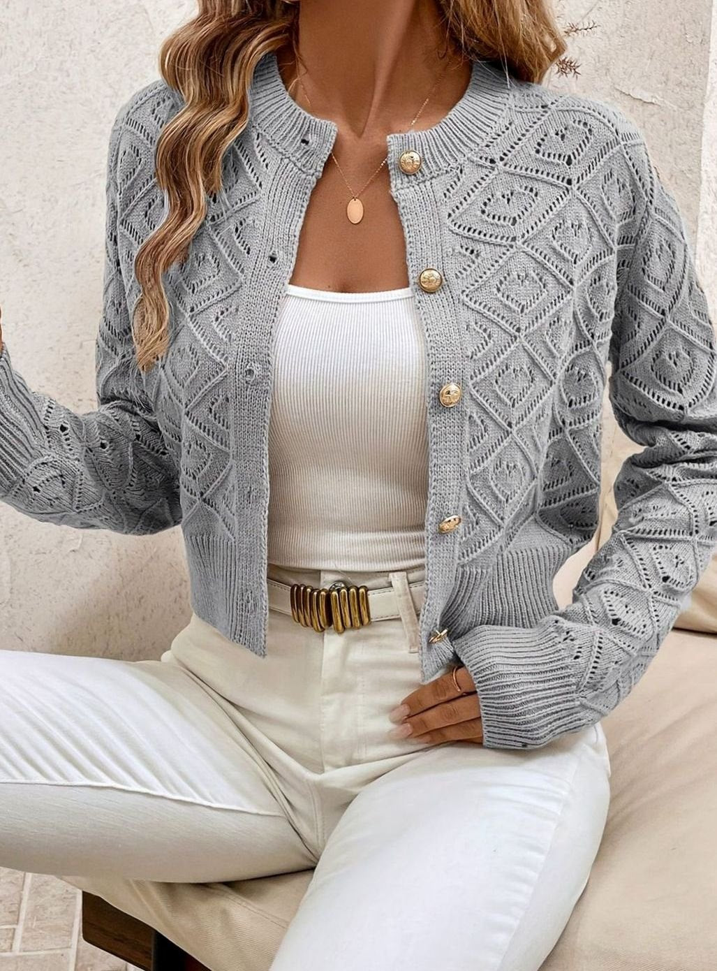 Olivia | Women's Cropped Diamond-Knit Button-Front Cardigan
