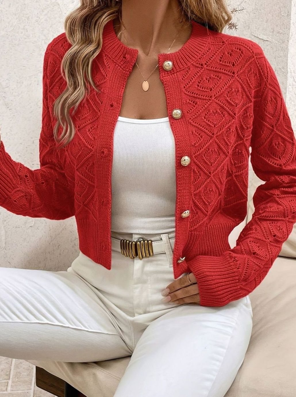Olivia | Women's Cropped Diamond-Knit Button-Front Cardigan