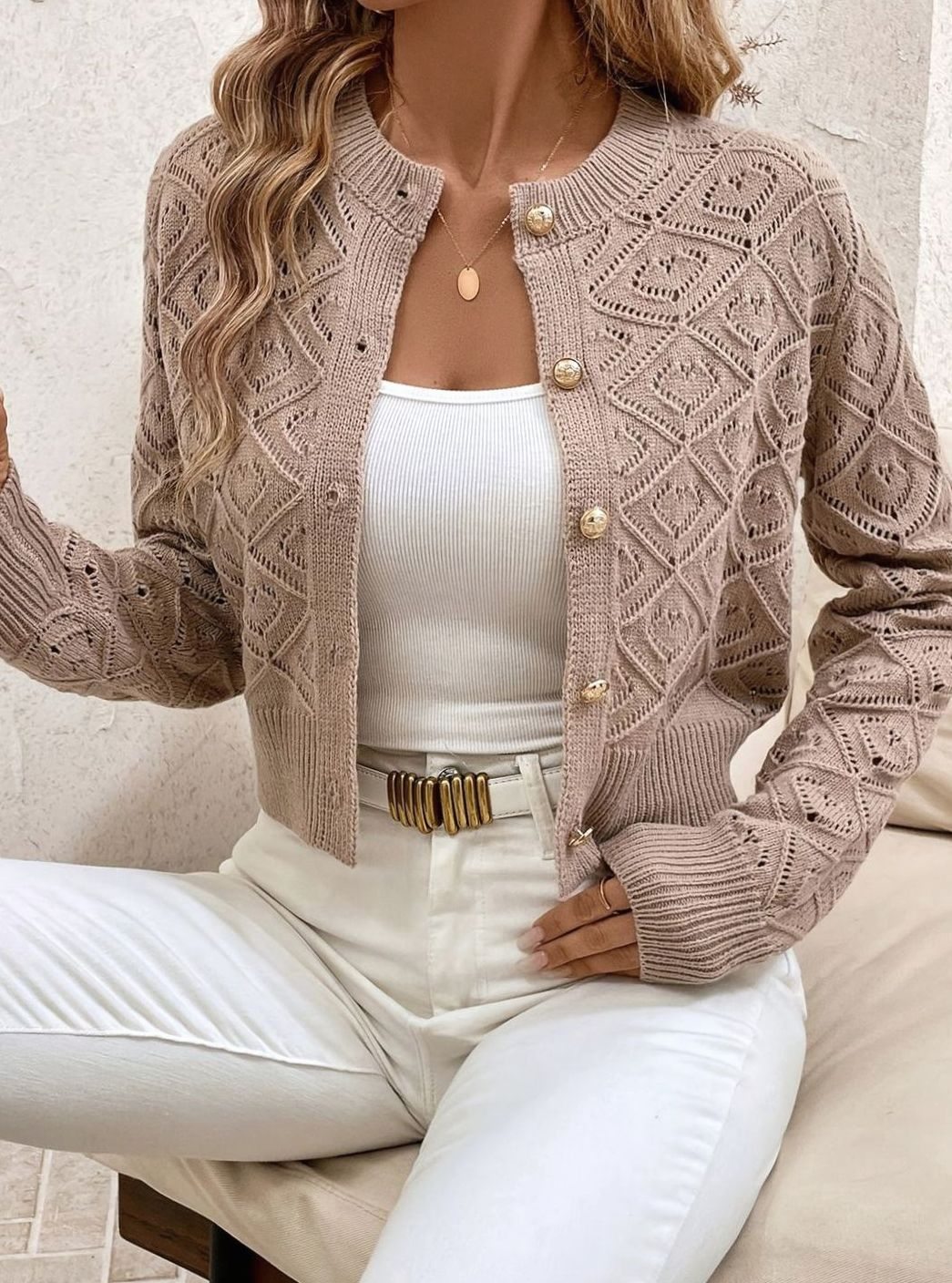 Olivia | Women's Cropped Diamond-Knit Button-Front Cardigan
