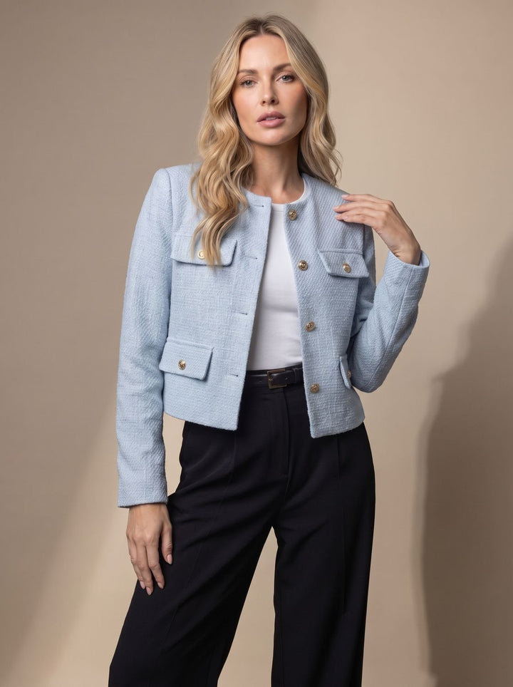 Penelope | Women's Cropped Tweed Blazer Collarless Gold-Button Flap-Pocket Jacket