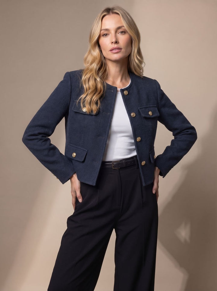 Penelope | Women's Cropped Tweed Blazer Collarless Gold-Button Flap-Pocket Jacket