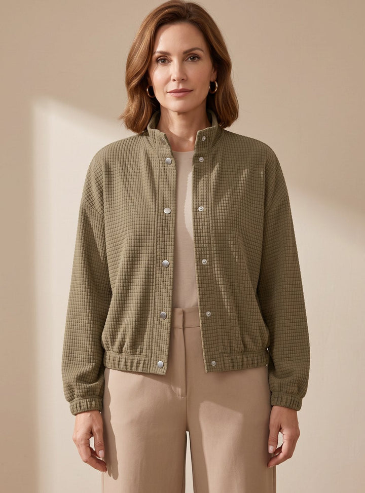 Sophia | Women's Cropped Waffle-Knit Button-Up Stand-Collar Jacket