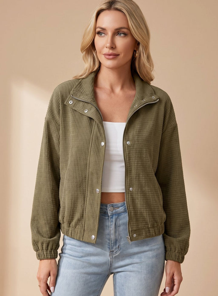 Sophia | Women's Cropped Waffle-Knit Button-Up Stand-Collar Jacket