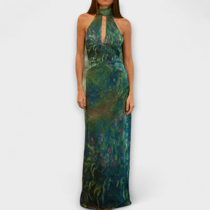 Luna | Women's Dress Monet Iris Print Halter Neck Chiffon Maxi Gown