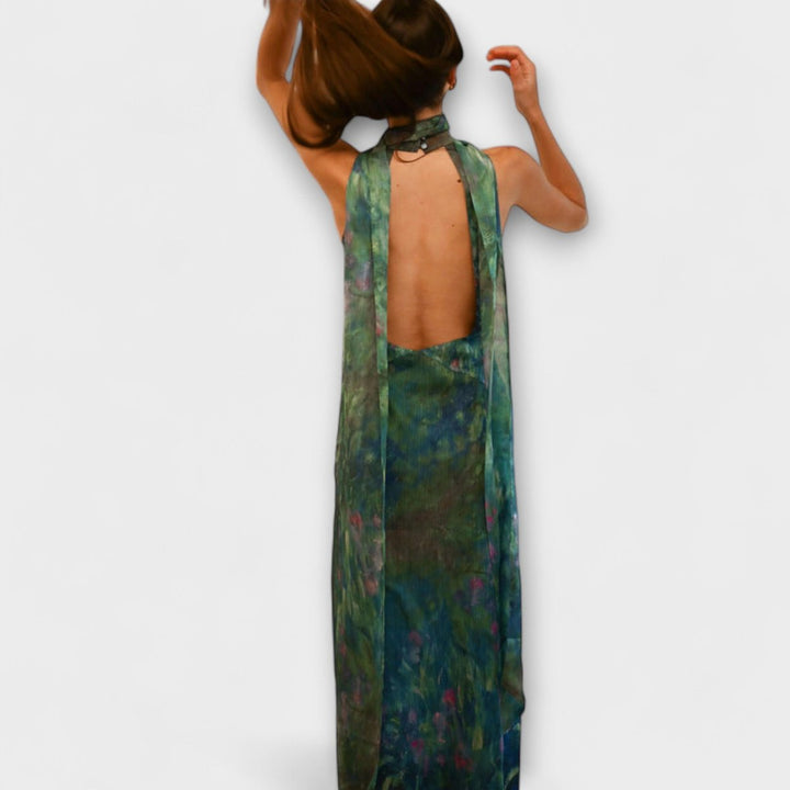 Luna | Women's Dress Monet Iris Print Halter Neck Chiffon Maxi Gown