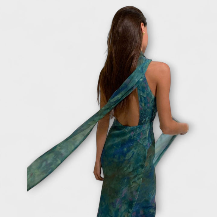 Luna | Women's Dress Monet Iris Print Halter Neck Chiffon Maxi Gown