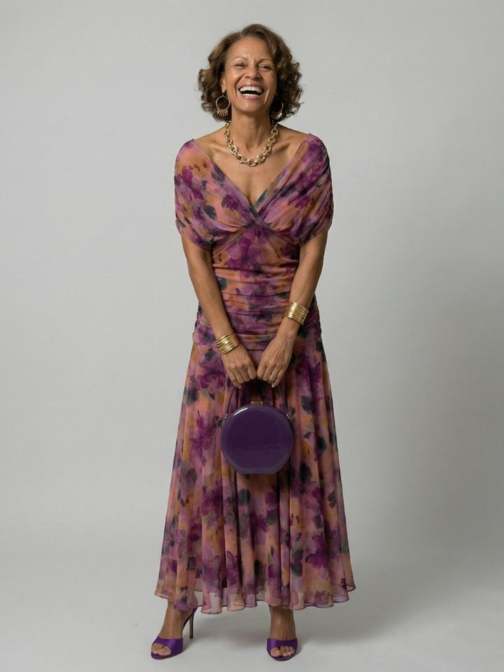 Emma | Women's Dress Off-Shoulder Draped-Neckline Floral Midi
