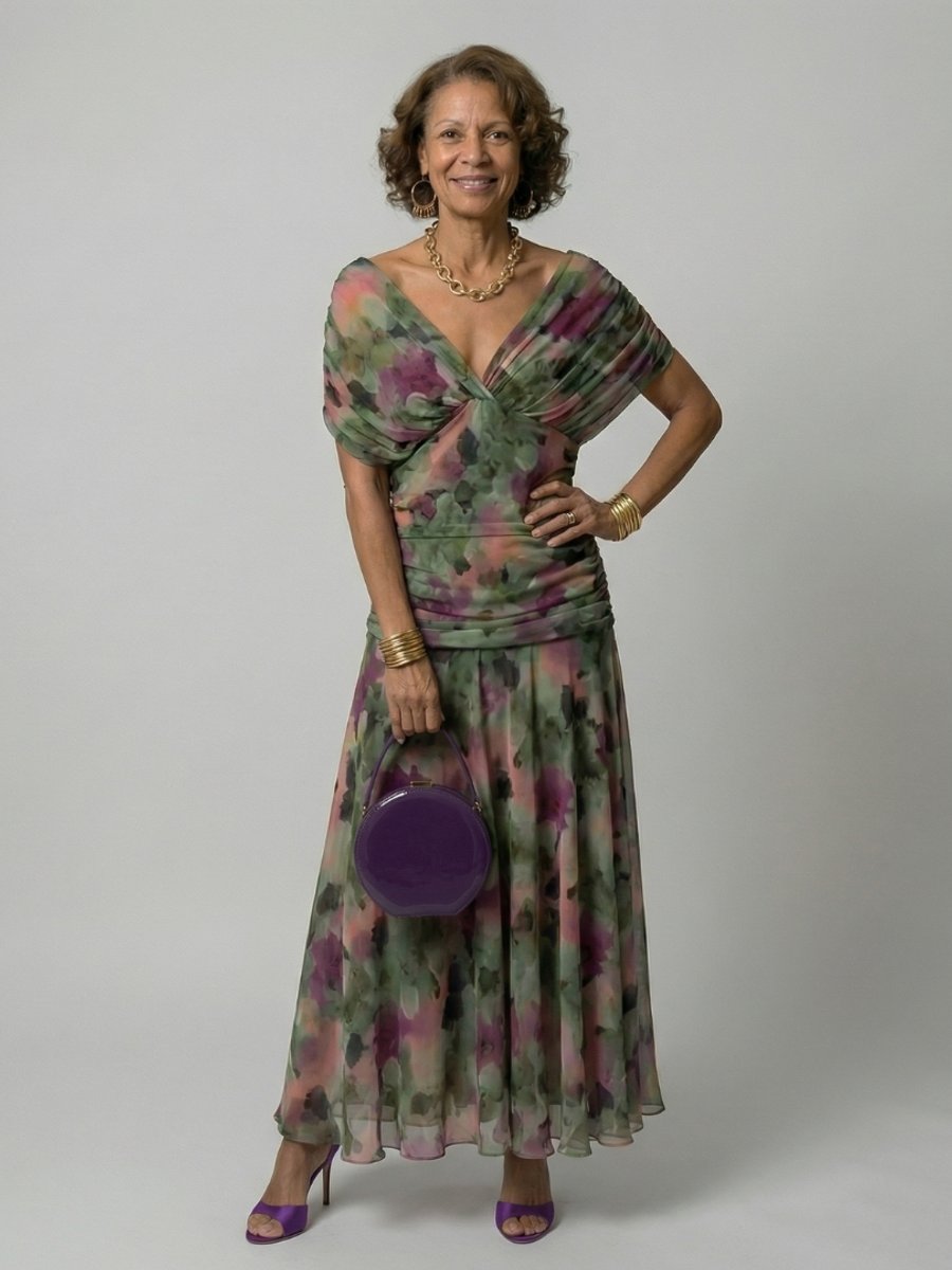 Emma | Women's Dress Off-Shoulder Draped-Neckline Floral Midi