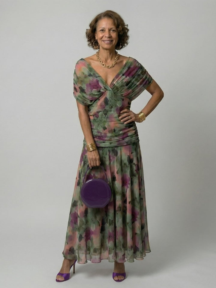 Emma | Women's Dress Off-Shoulder Draped-Neckline Floral Midi