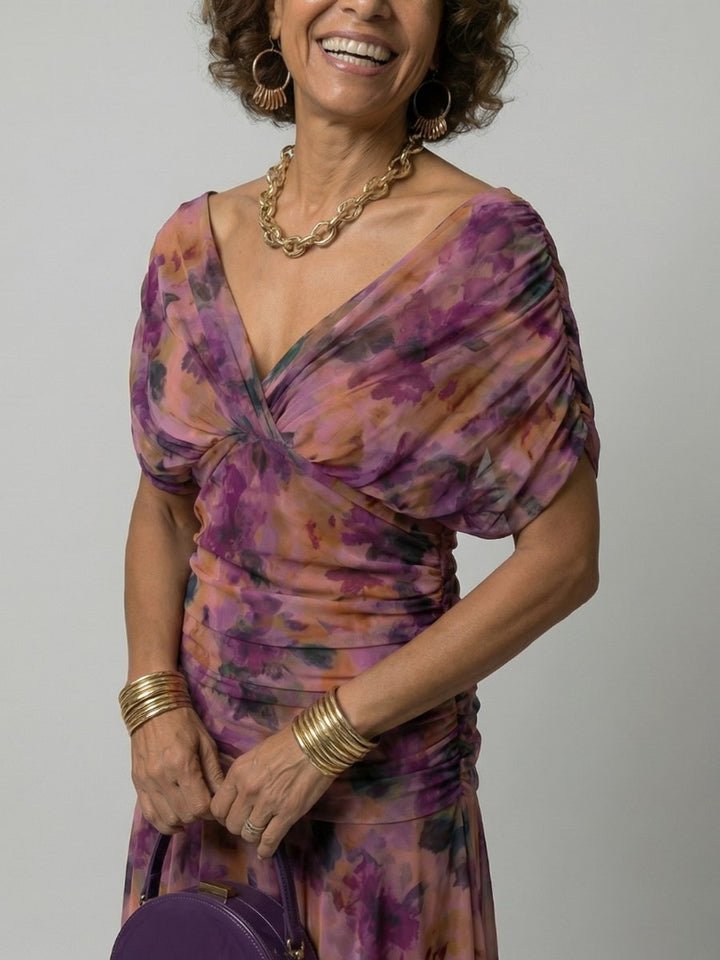 Emma | Women's Dress Off-Shoulder Draped-Neckline Floral Midi