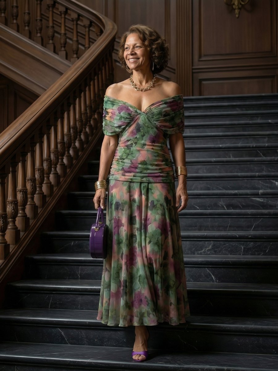 Emma | Women's Dress Off-Shoulder Draped-Neckline Floral Midi
