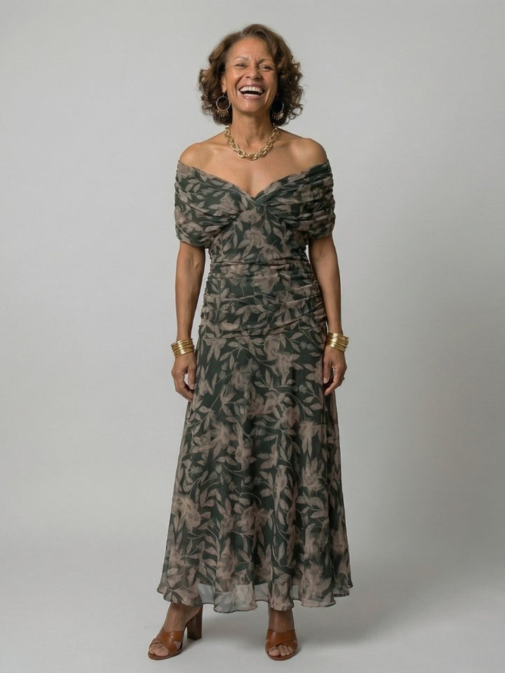 Emma | Women's Dress Off-Shoulder Draped-Neckline Floral Midi