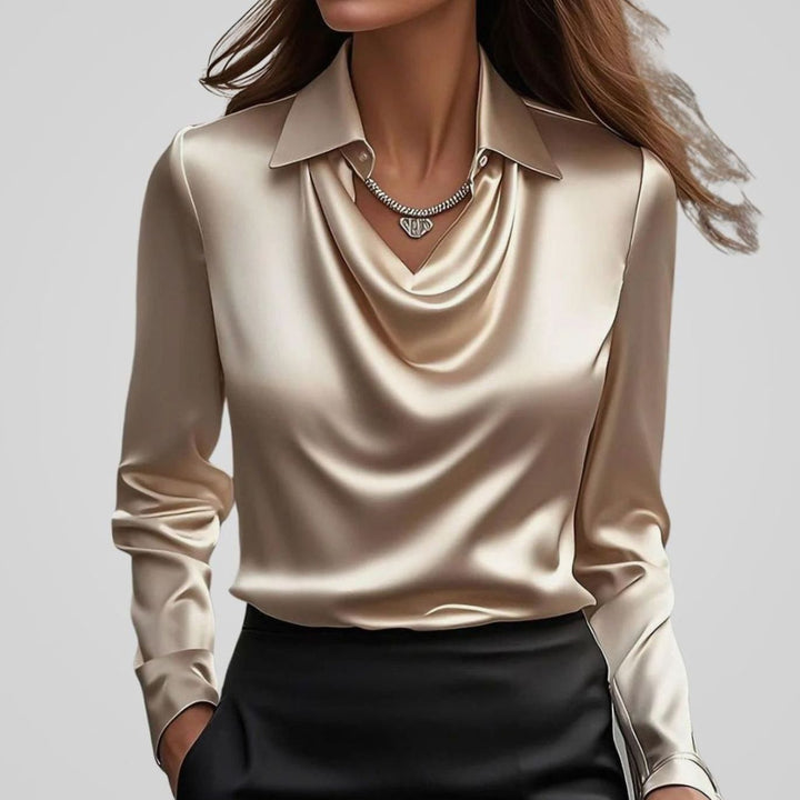 Luna | Women's Elegant Draped-Neck Long-Sleeve Satin Blouse