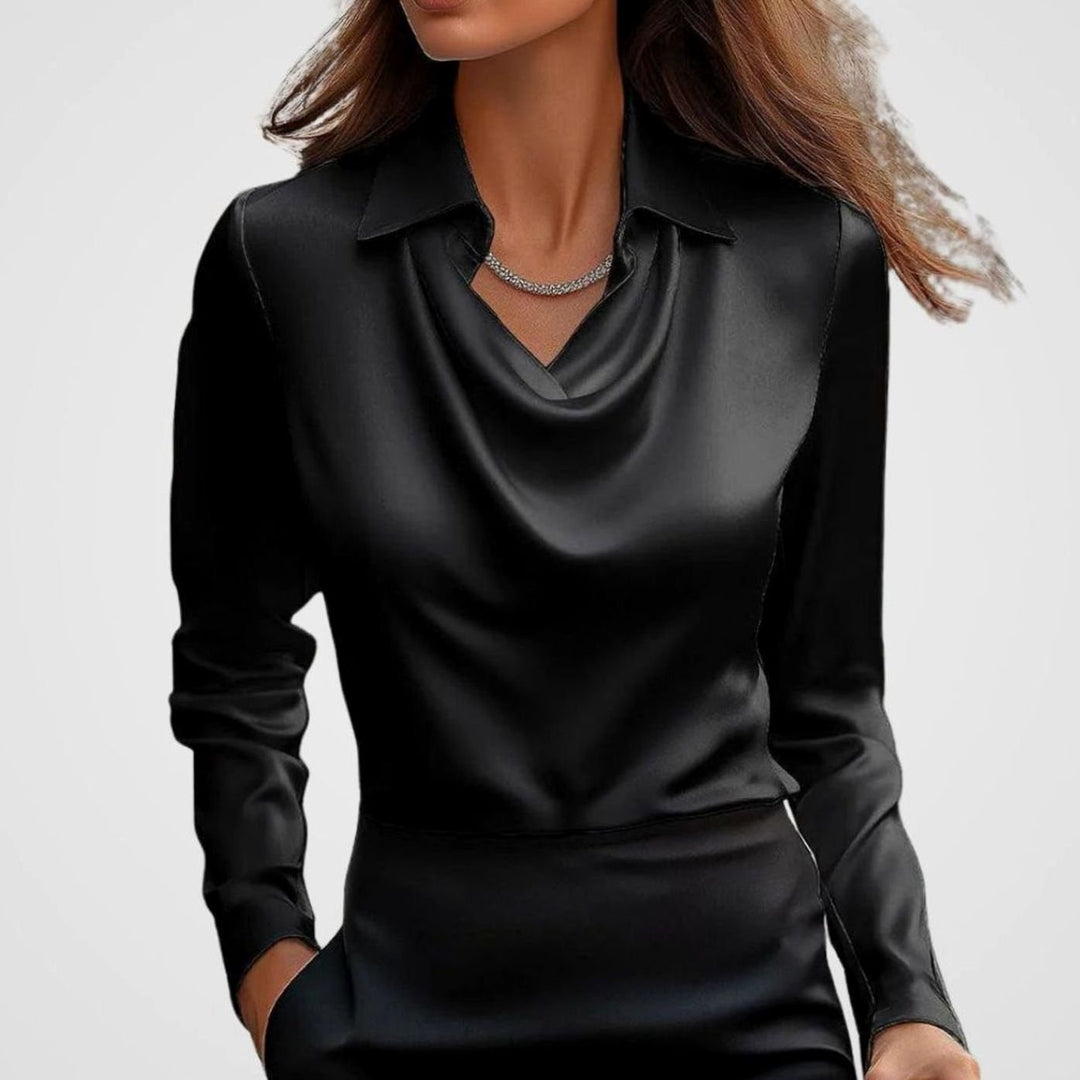 Luna | Women's Elegant Draped-Neck Long-Sleeve Satin Blouse