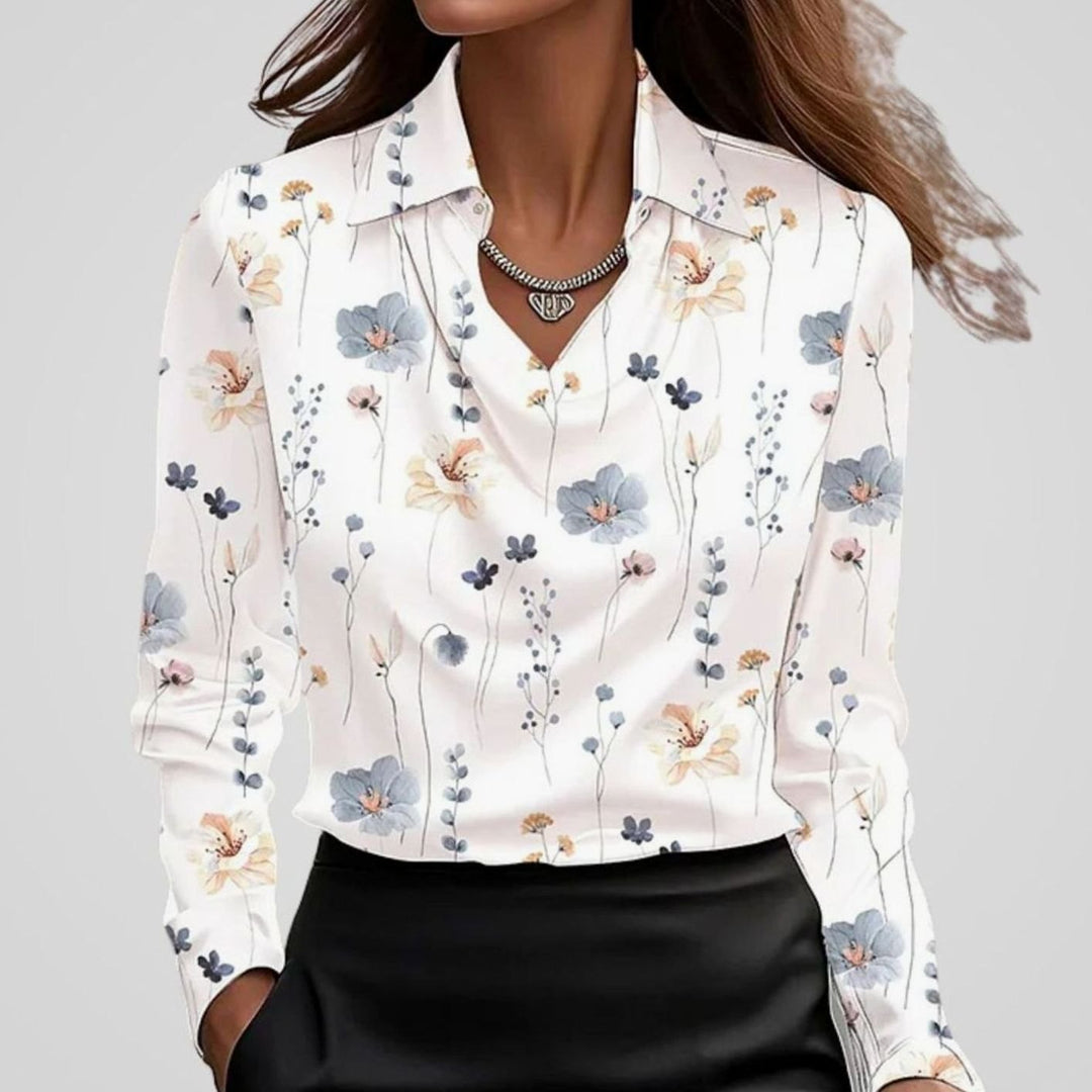 Luna | Women's Elegant Draped-Neck Long-Sleeve Satin Blouse