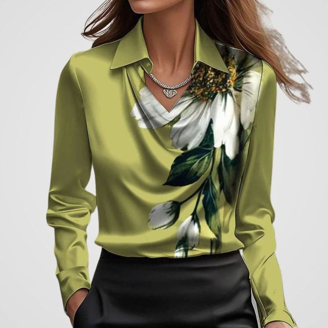 Luna | Women's Elegant Draped-Neck Long-Sleeve Satin Blouse