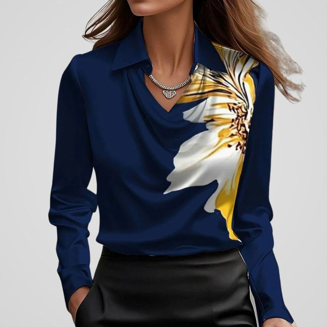 Luna | Women's Elegant Draped-Neck Long-Sleeve Satin Blouse