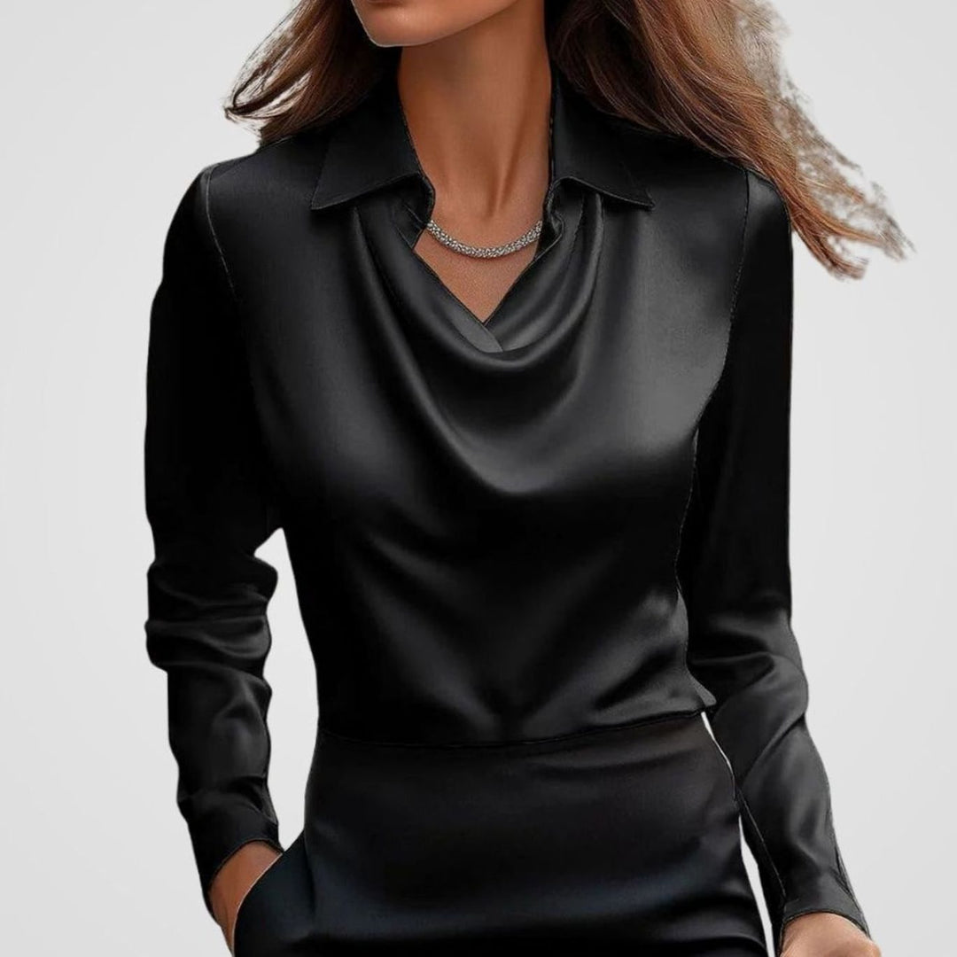 Luna | Women's Elegant Draped-Neck Long-Sleeve Satin Blouse