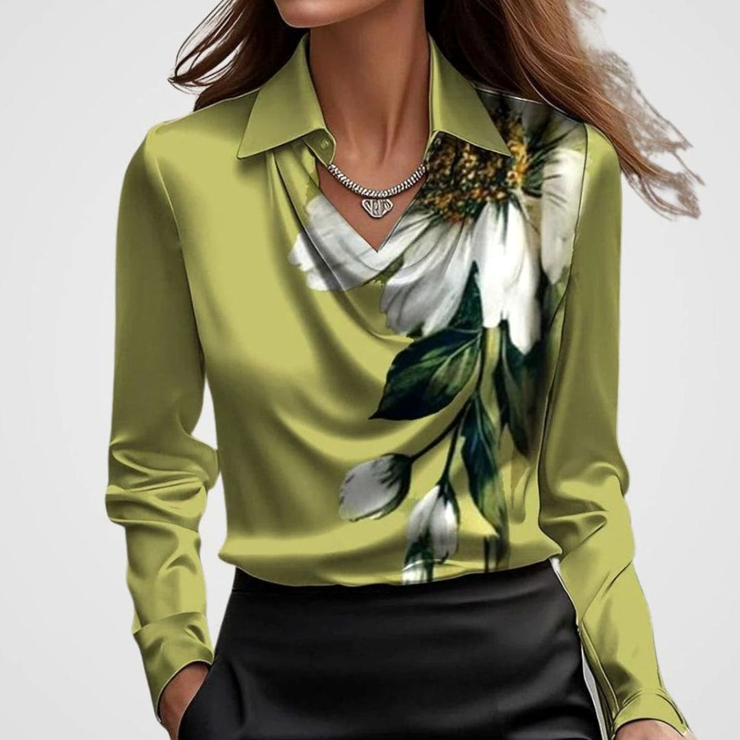 Luna | Women's Elegant Draped-Neck Long-Sleeve Satin Blouse