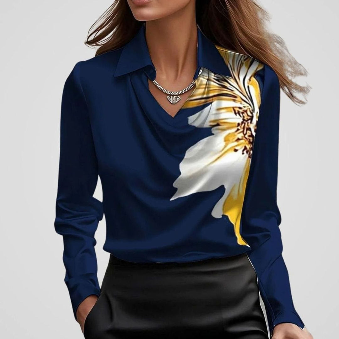 Luna | Women's Elegant Draped-Neck Long-Sleeve Satin Blouse