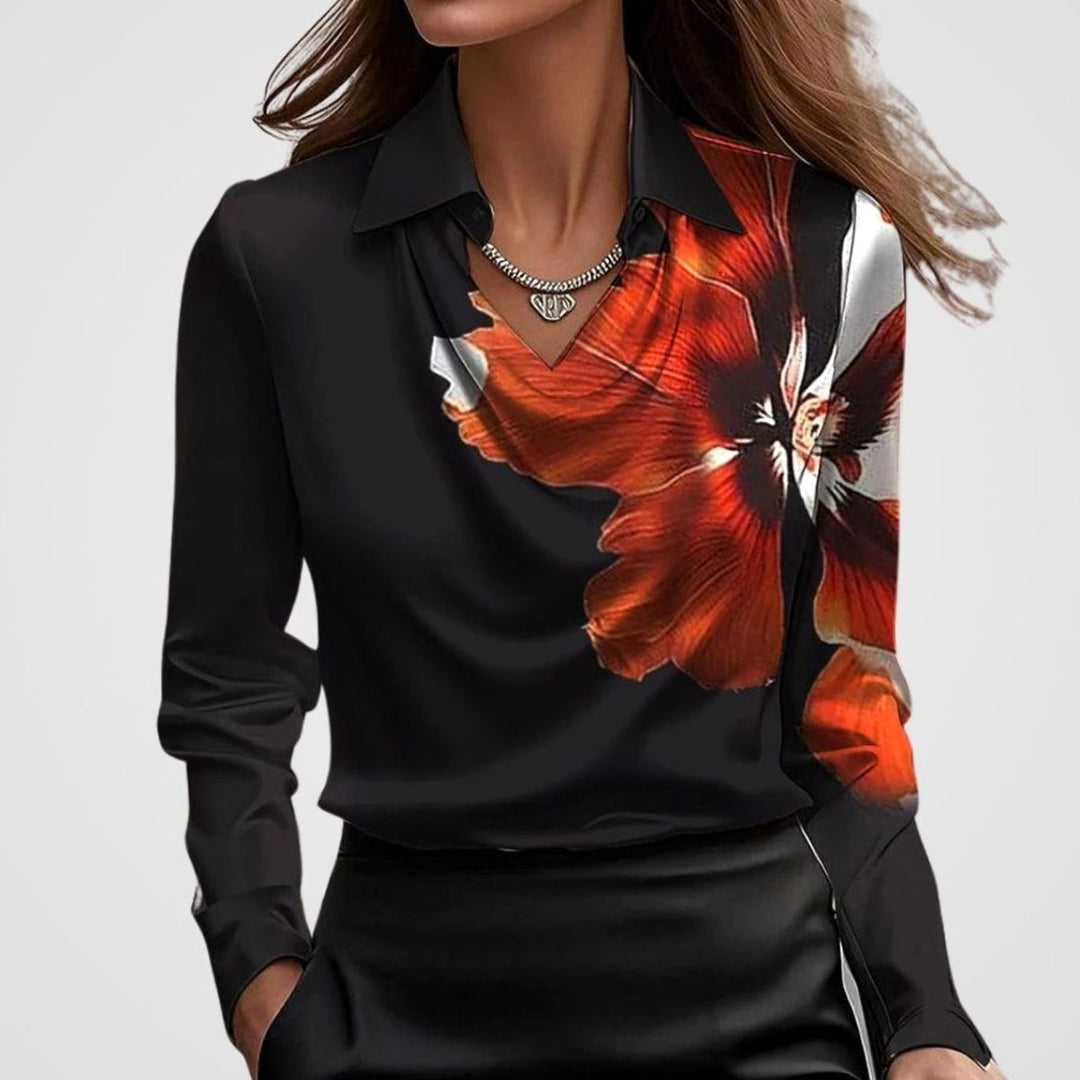 Luna | Women's Elegant Draped-Neck Long-Sleeve Satin Blouse