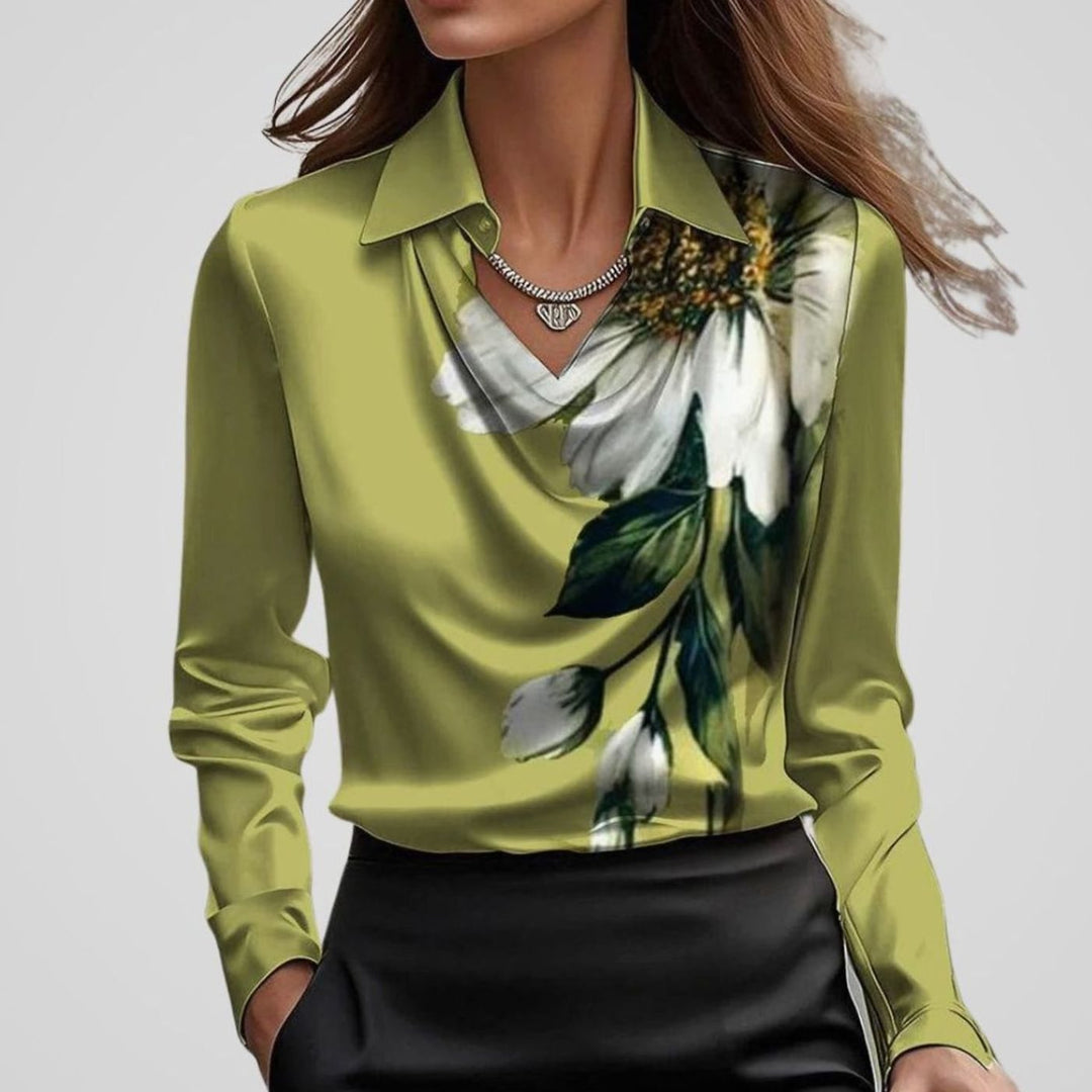 Luna | Women's Elegant Draped-Neck Long-Sleeve Satin Blouse