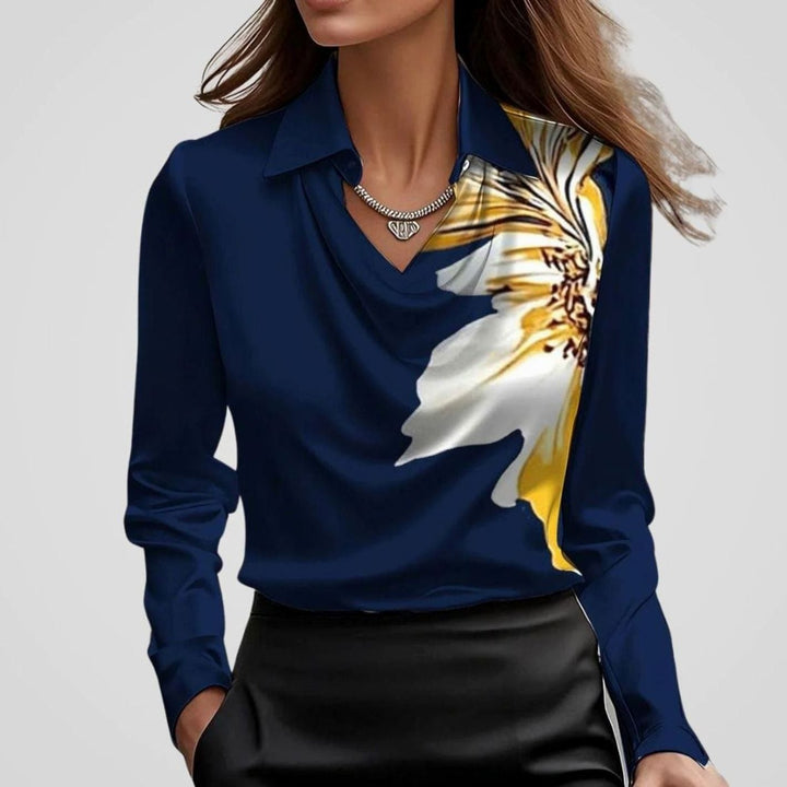 Luna | Women's Elegant Draped-Neck Long-Sleeve Satin Blouse